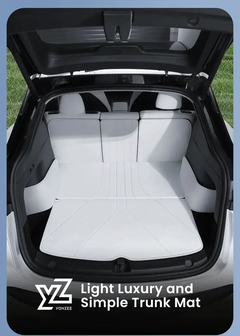 Trunk mat for Tesla Model Y by YONZEE; white leather-look, waterproof, fully surrounded liner