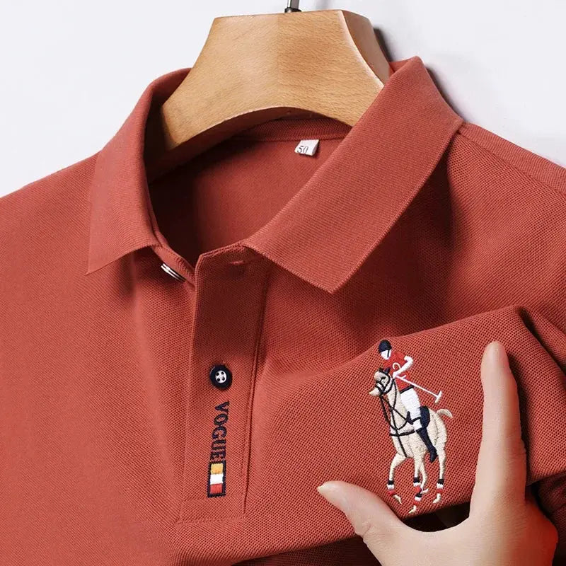 Men's short-sleeve polo shirt by Simples Market in rust red with chest embroidery
