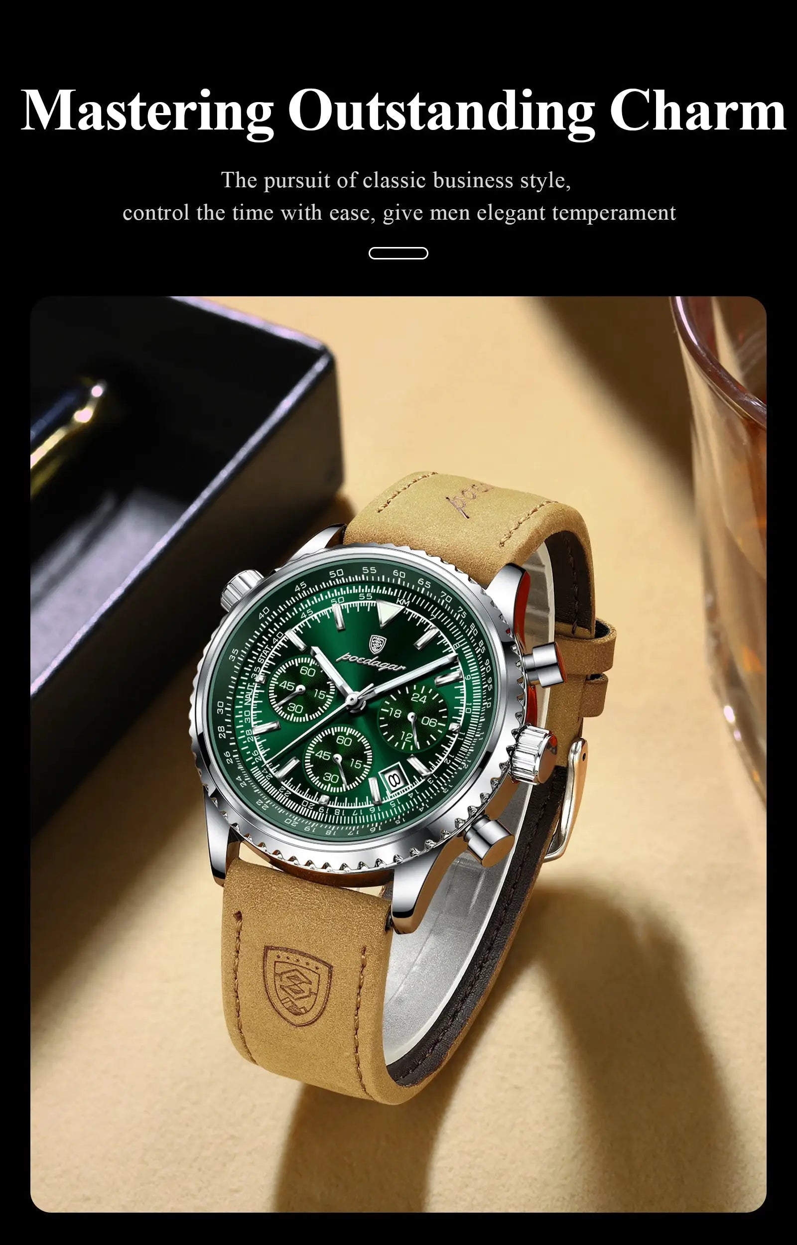 POEDAGAR men's wristwatch with green chronograph dial and tan leather strap