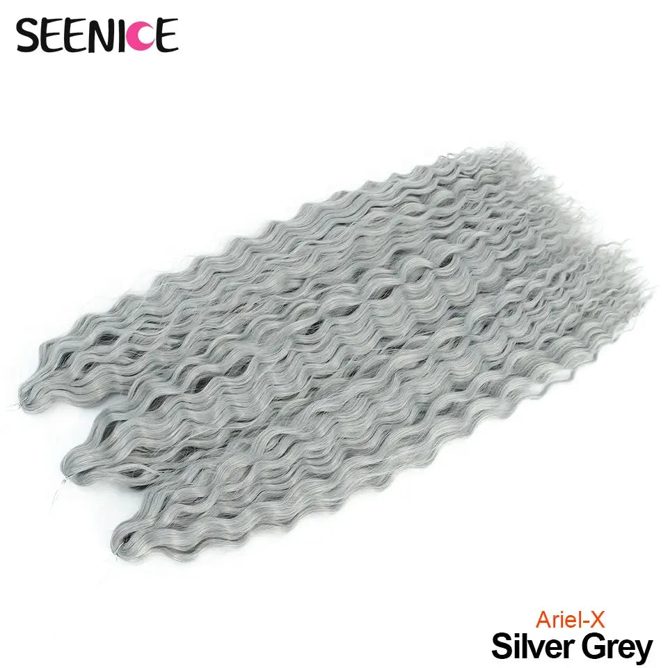 Ariel-X crochet hair extensions in Silver Grey with water-wave curls; synthetic braids SEENICE