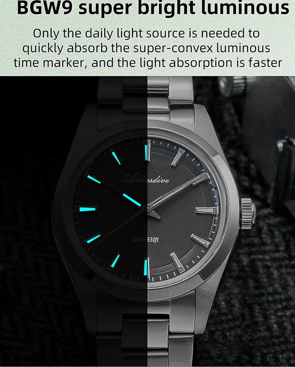 Addiesdive 36mm stainless steel men's watch with blue luminous markers and 100m water resistance