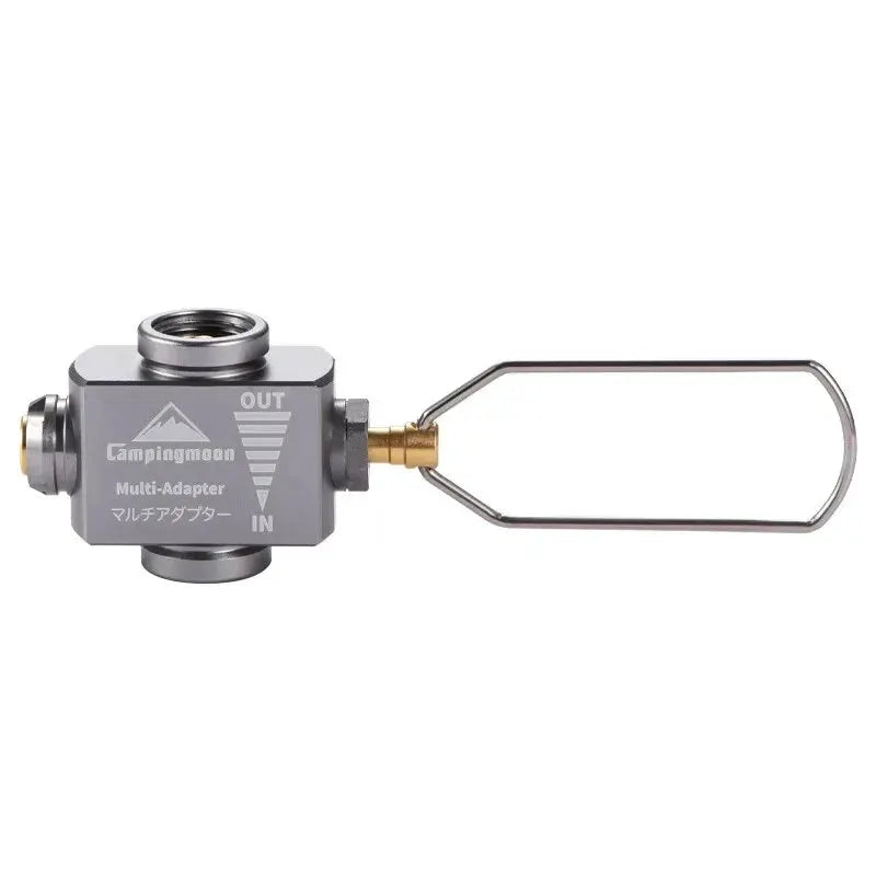 CampingMoon Z15 gas tank multi-adapter with pressure relief valve, gray metal body, brass connector and wire handle.