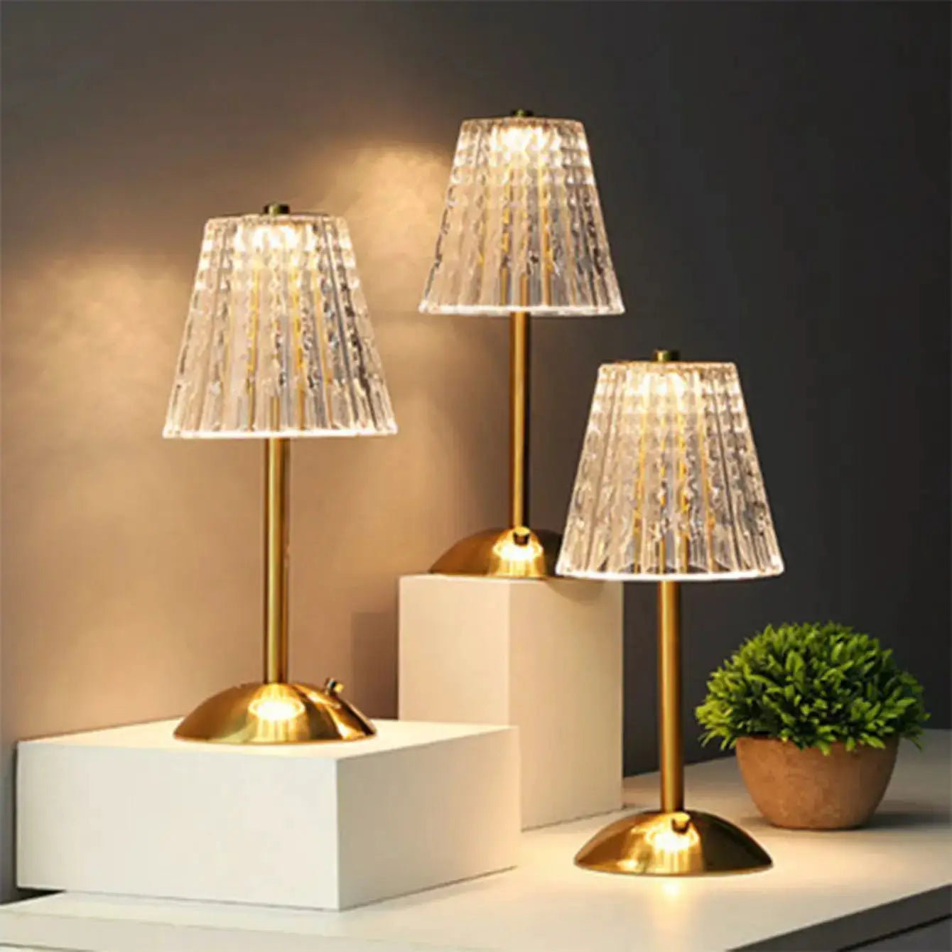 Crystal retro table lamp set of 3 with gold-tone bases and faceted crystal shades