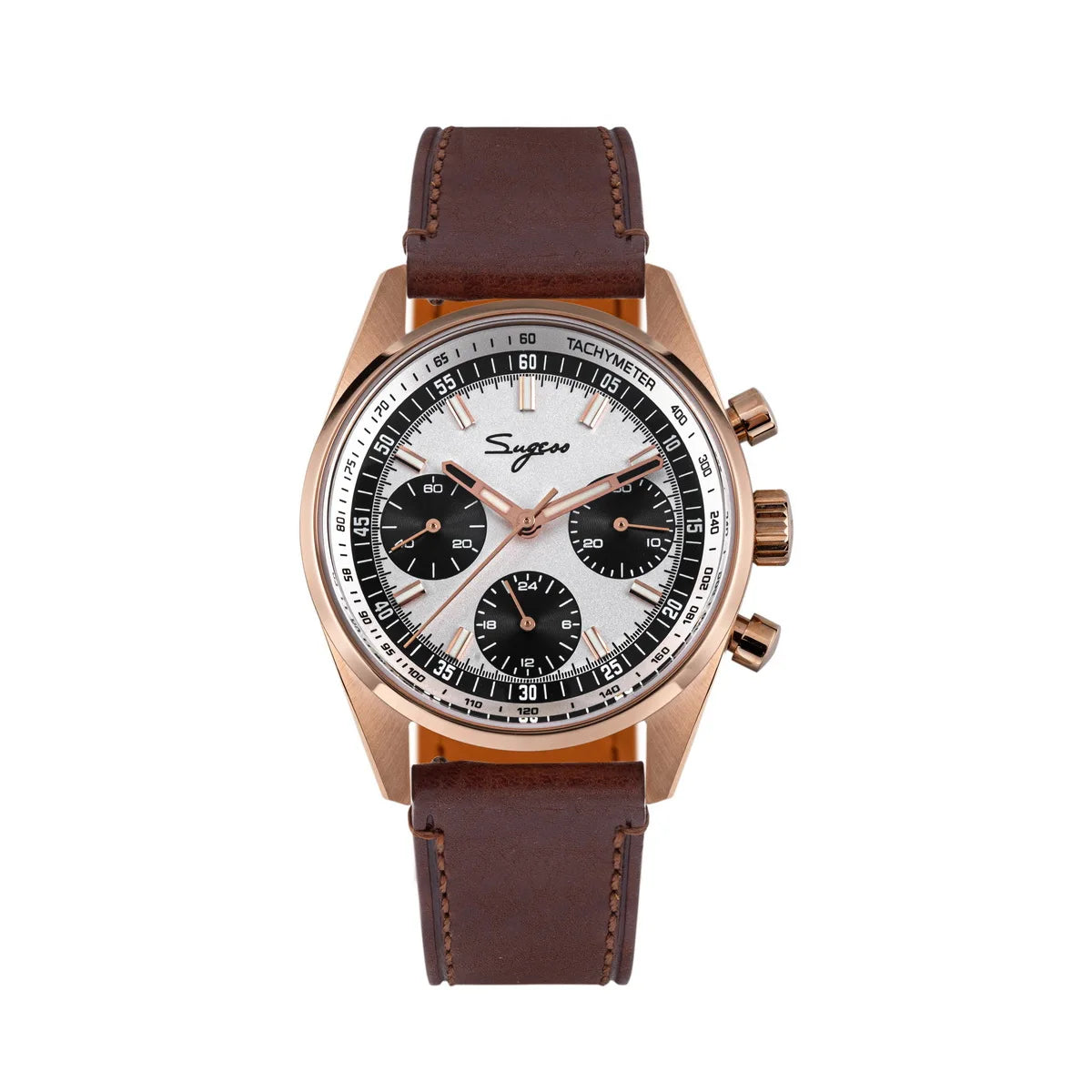 Sugess men's 38mm chronograph watch; rose-gold case, brown leather strap, silver roulette dial with black subdials.