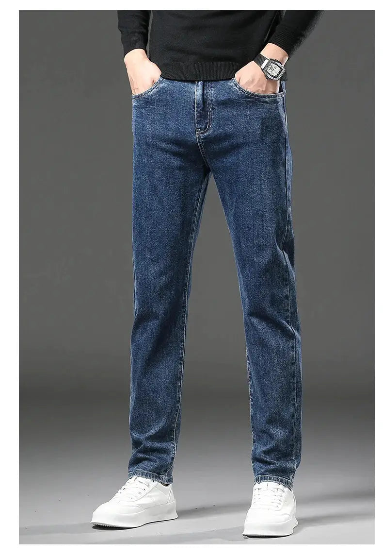 Men's winter fleece-lined denim jeans, blue slim-straight fit with elastic waist for casual wear