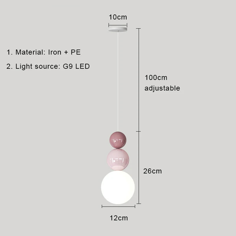 Nordic pendant light by Simples Market; modern LED hanging lamp with iron + PE, pink/cream beads and white globe.