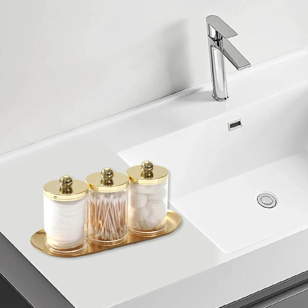 Lumina Home Qtip Holder Bathroom Set With Golden Tray And Acrylic Apothecary Jars Lid For Organized Countertop
