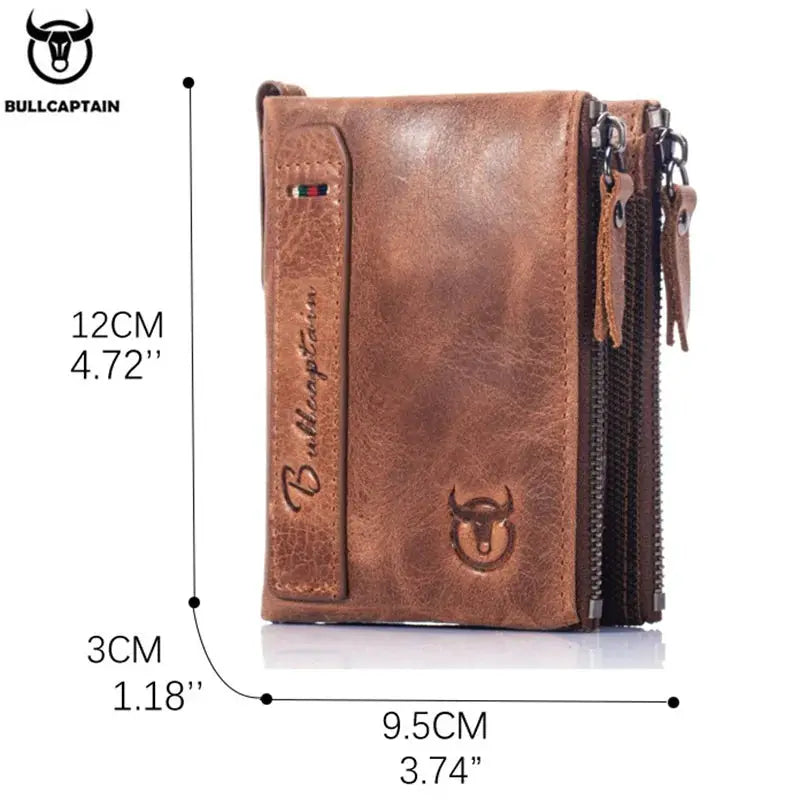 BullCaptain retro leather men's wallet, brown with multiple zipper compartments and RFID protection
