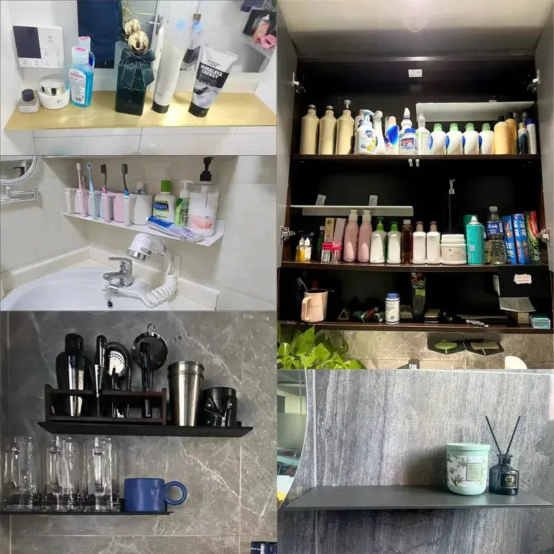 Simples Market floating bathroom shelves set; six wall-mounted ledges in white and black finishes