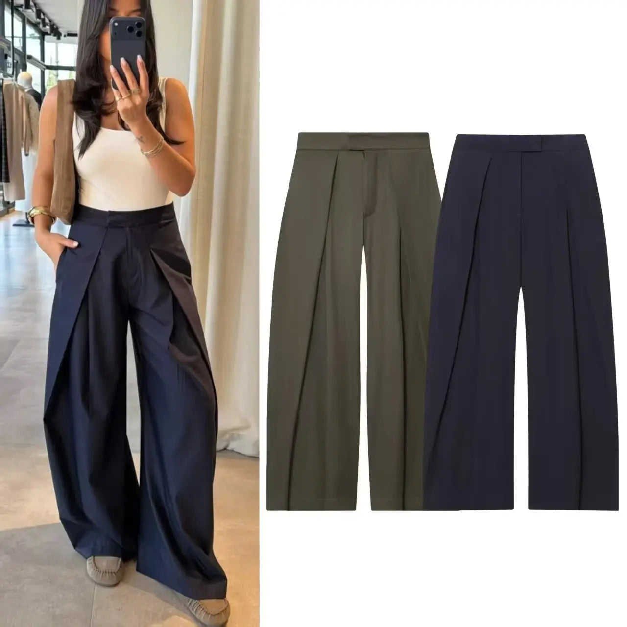 NovaWear Womens Pleated Loose Wide Leg Pants Military Green Casual Fashion Versatile All Seasons Comfort