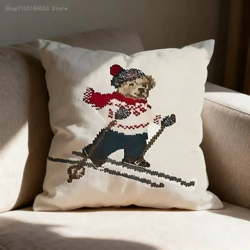 Throw pillow cover white with fashion bear graphic wearing a red scarf