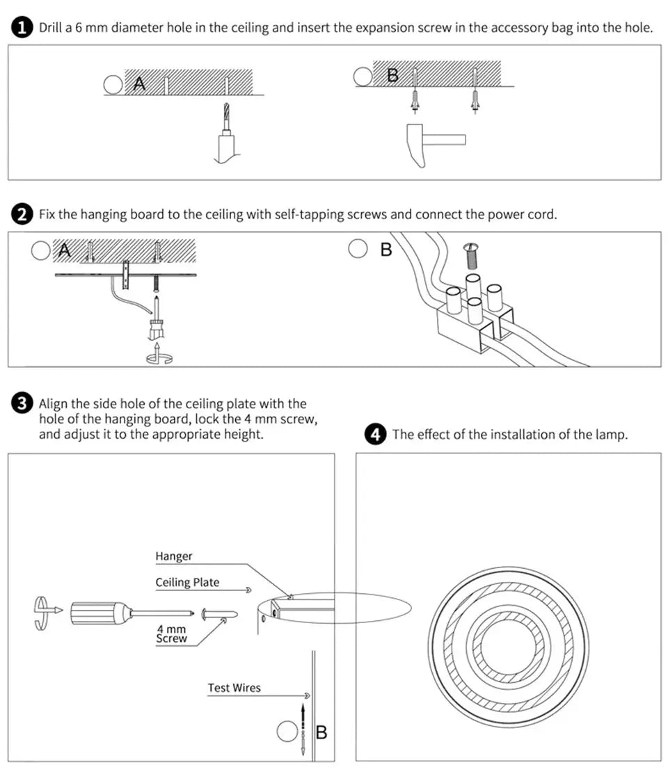LED Moon Wall Lamp installation guide by Simples Market showing ceiling mount and wiring steps