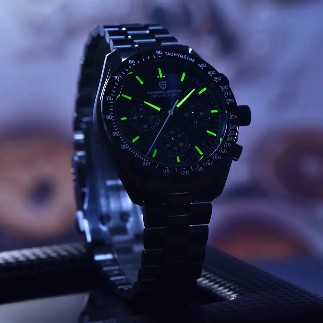 Pagani Design 1701 V5 men's black stainless chronograph watch with luminous green hands, 100M water resistant