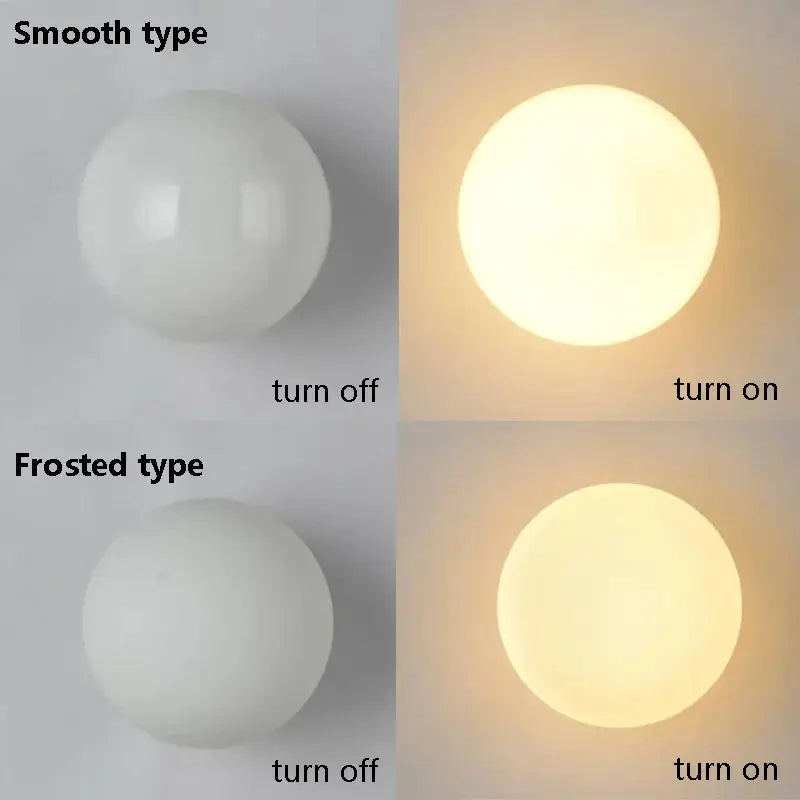 Milky white glass ball wall lamp by Simples Market; smooth and frosted types shown in off and on states (four views)