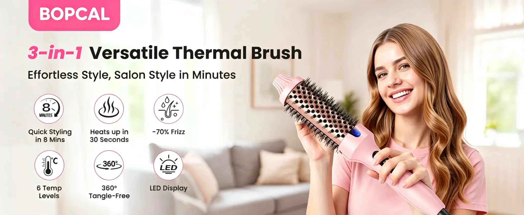 BOPCAL pink 3-in-1 heated round thermal brush for salon-style blowouts, dual voltage, 6 heat settings