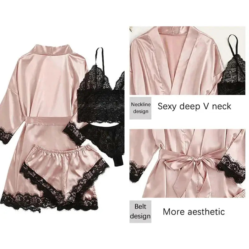 LuxeSilk 4 Piece Satin Sleepwear Set With Lace Robe For Women Breathable Silk Comfort And Elegant Nightwear