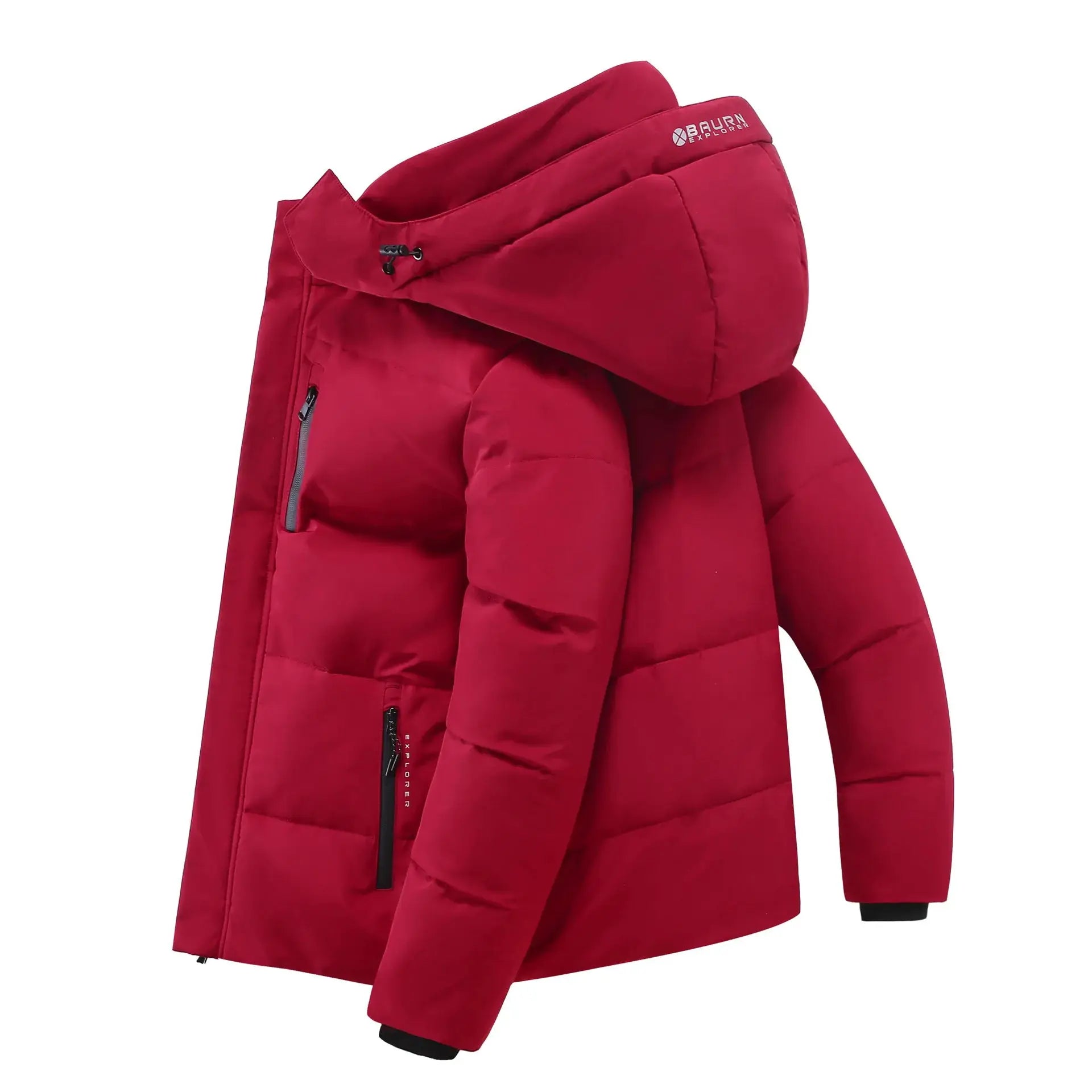 Men's red hooded puffer jacket with front zipper, quilted down fill, BAURN EXPLORE logo on hood