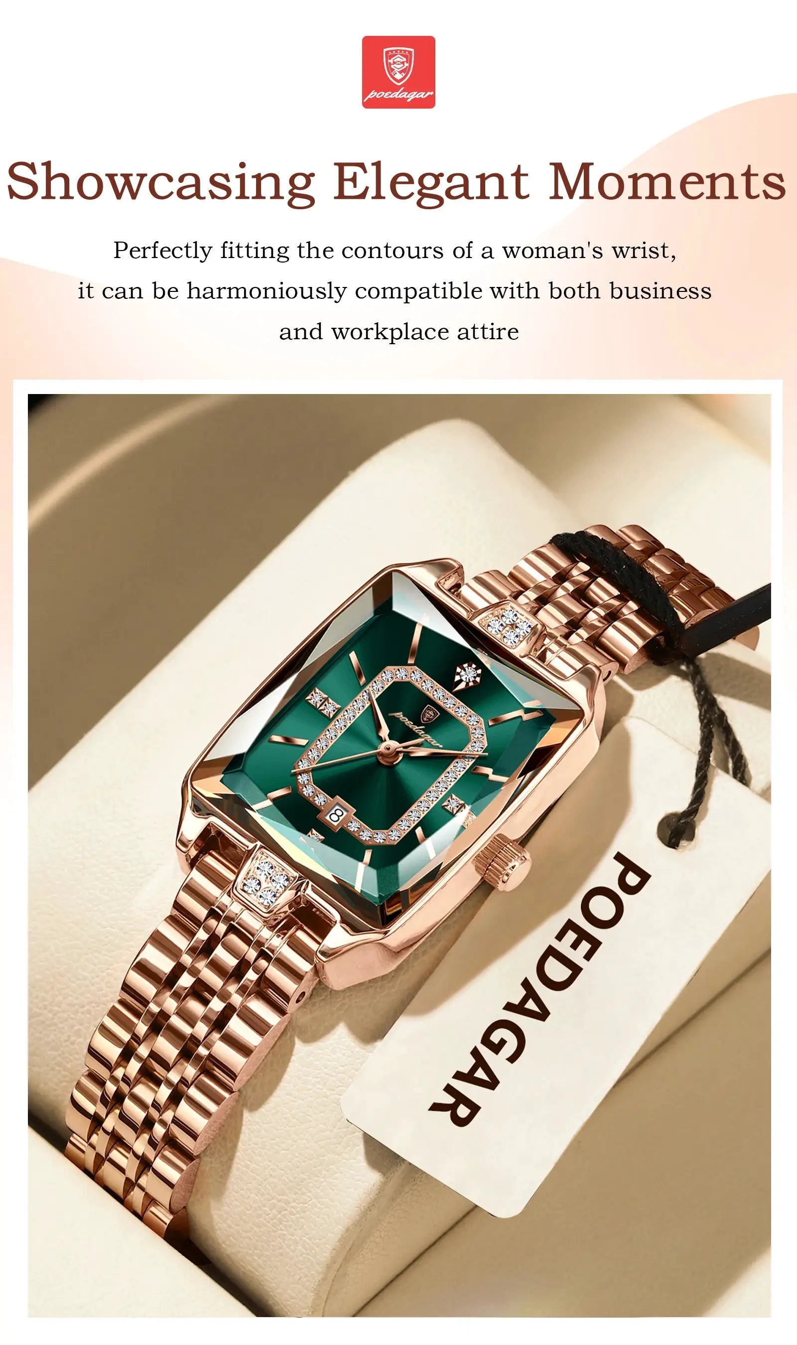 POEDAGAR rose-gold stainless steel women's watch with emerald-green square dial and crystal accents
