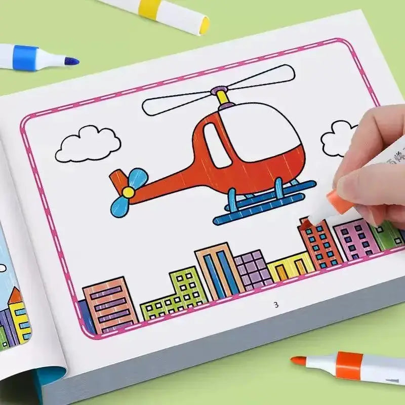 Two kids coloring books showing a red helicopter over a colorful city skyline with a pink border