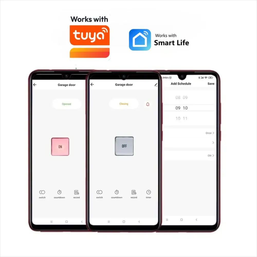WiFi smart garage gate controller with RF433 remote; Tuya/Smart Life app control shown on three smartphones.