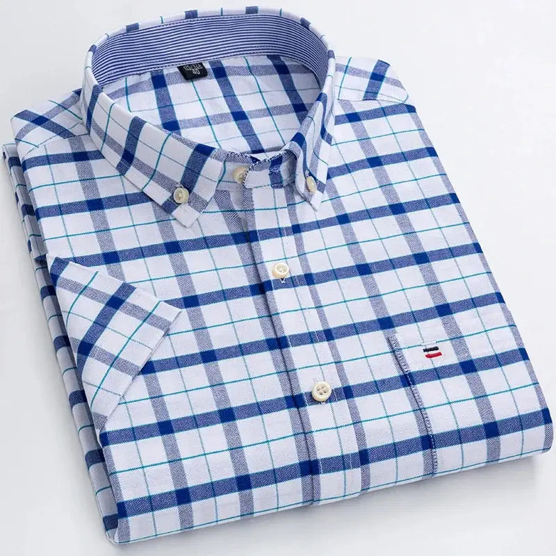 Men's plaid cotton oxford shirt by Simples Market, blue and white, breathable, regular fit