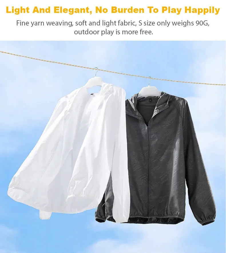 Unisex hiking jackets, white and dark gray waterproof windbreakers hanging on a clothesline.