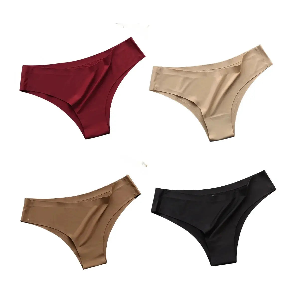 4-piece set of seamless Brazilian panties in burgundy, beige, taupe and black; ice silk, low-rise bikini briefs