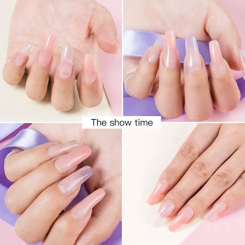 MEET ACROSS extension nail gel polish set by Simples Market; pink-to-clear acrylic nails shown in a four-panel collage