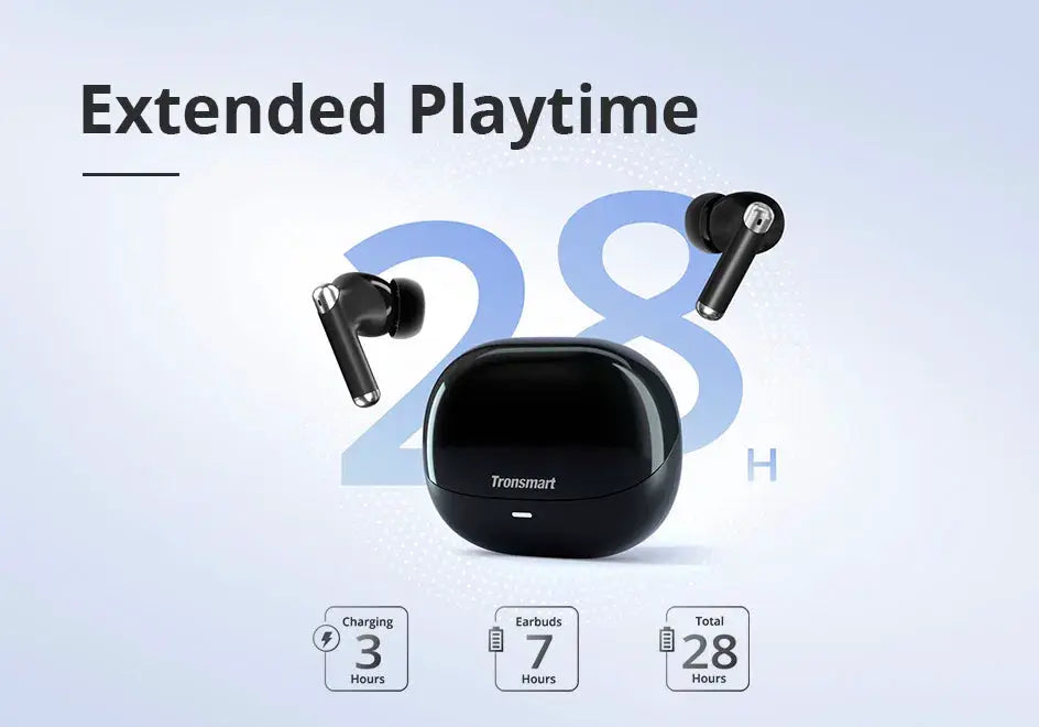 Tronsmart Sounfii R4 wireless earphones with quad-mic noise reduction, black charging case, 2 earbuds, 28h playtime