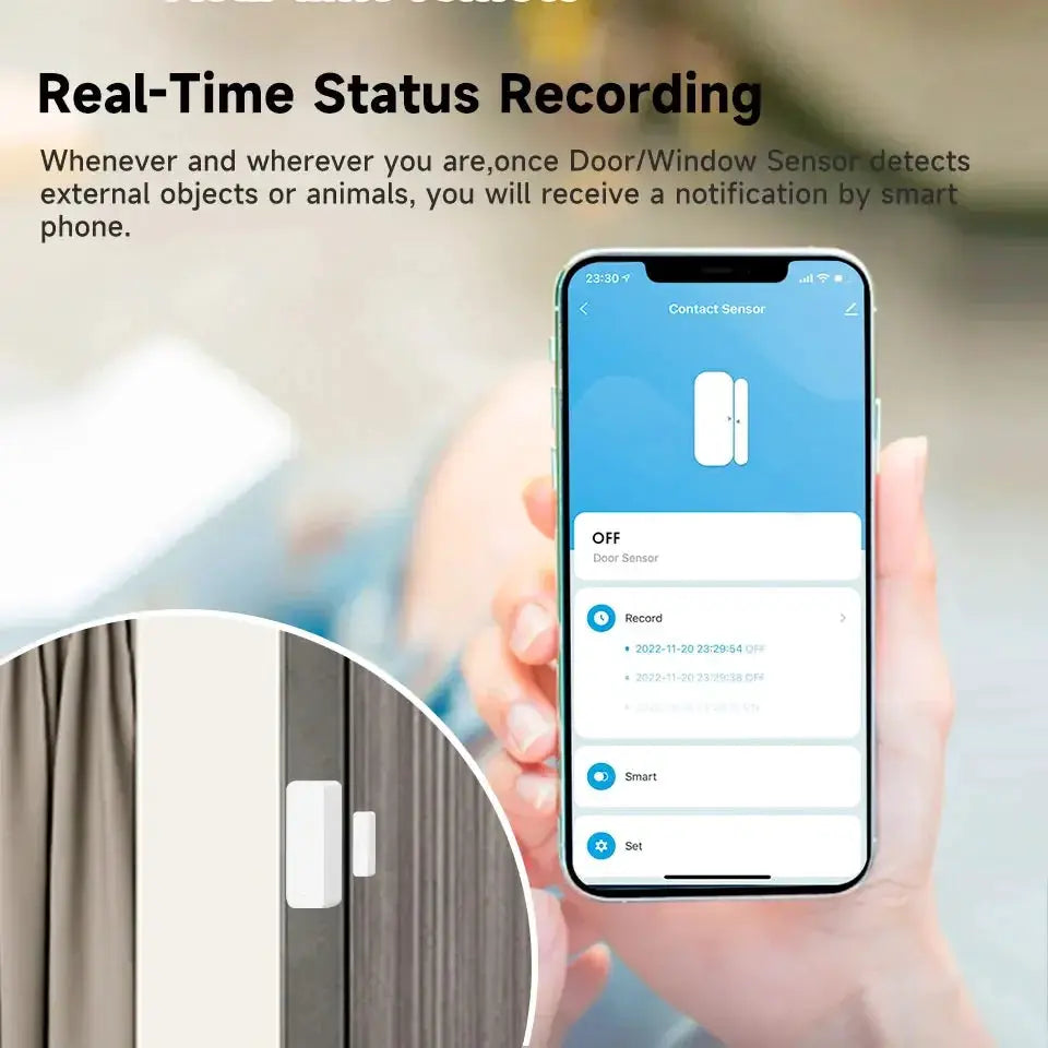 Zigbee WiFi door/window entry sensor, two white magnetic pieces shown with a smartphone app