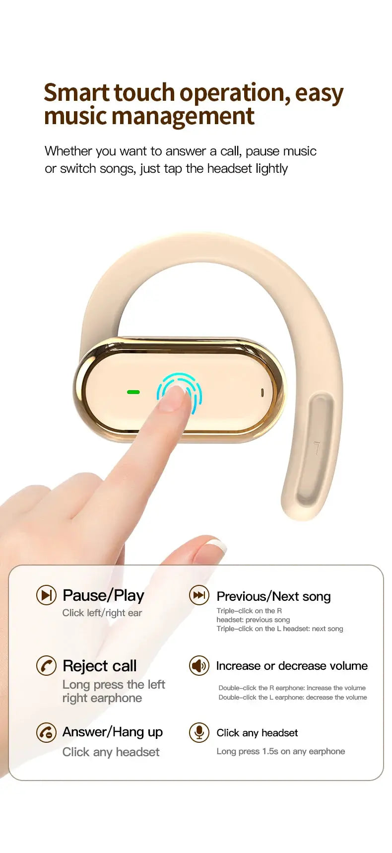 Bluetooth 5.4 neckband earphones, beige with gold trim, IPX7 waterproof
