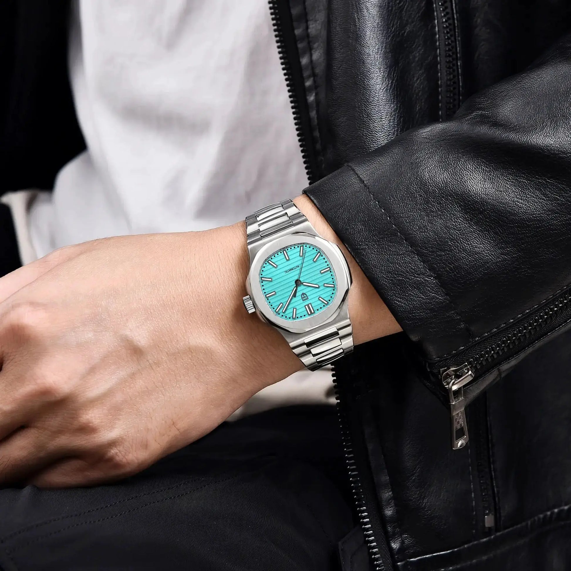 PAGANI DESIGN 40mm men's stainless steel automatic watch with turquoise dial