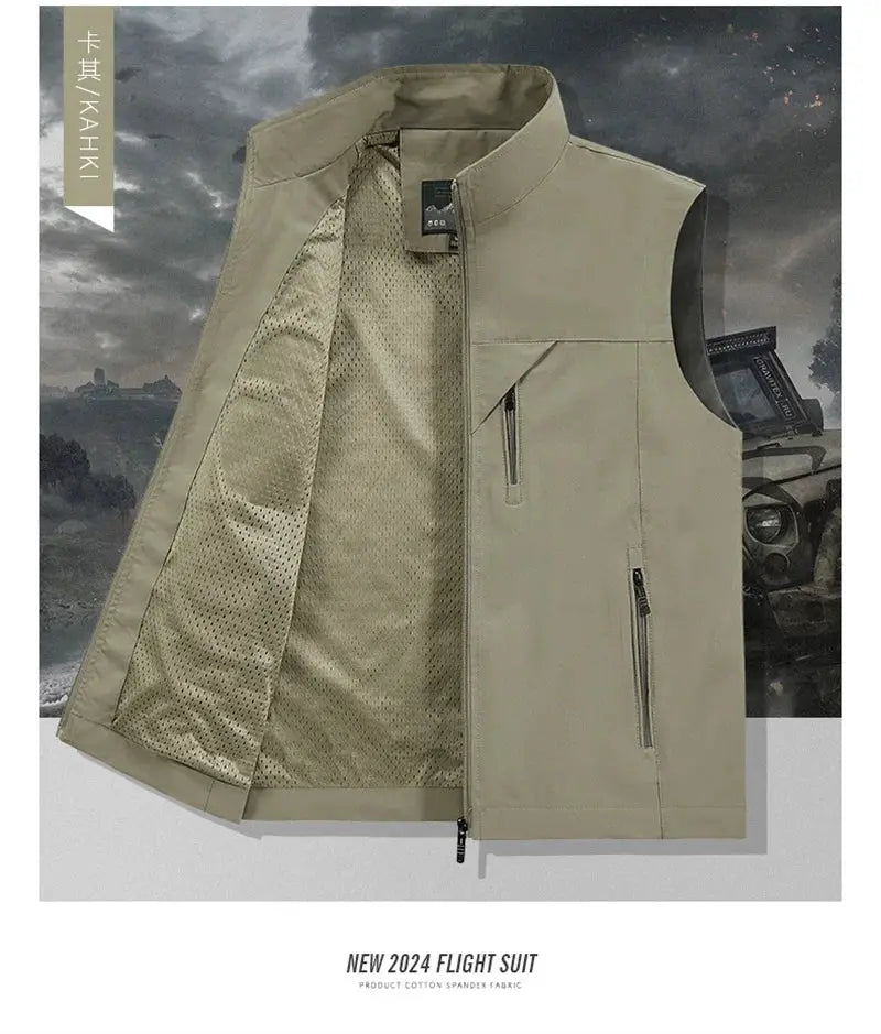 Khaki men's windproof sleeveless vest by Simples Market with mesh lining and zip pockets.