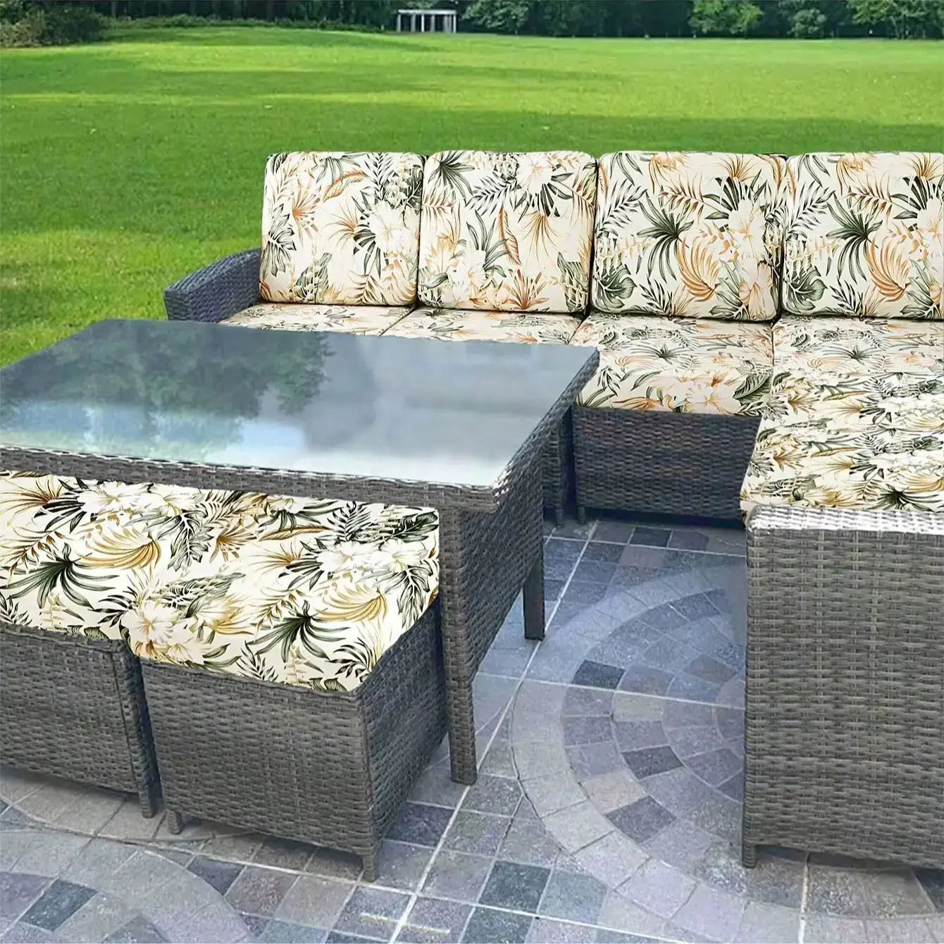 Outdoor tropical print sofa cushion covers by Simples Market; non-slip replacement for individual cushions
