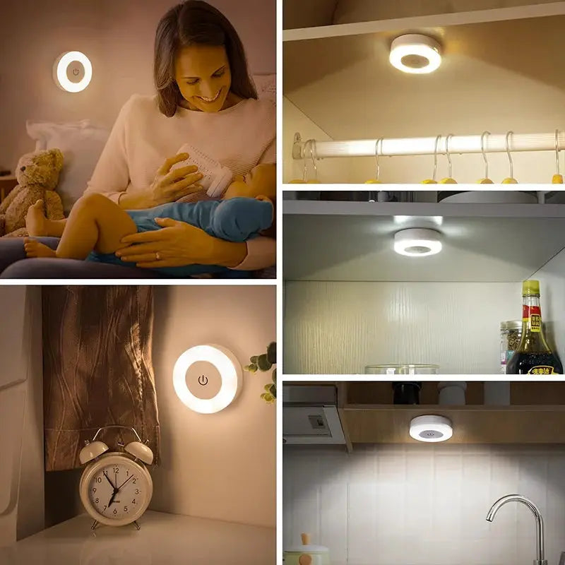 Simples Market 6-pack LED night lights with touch sensor, 3-color dimmable, USB rechargeable, magnetic.