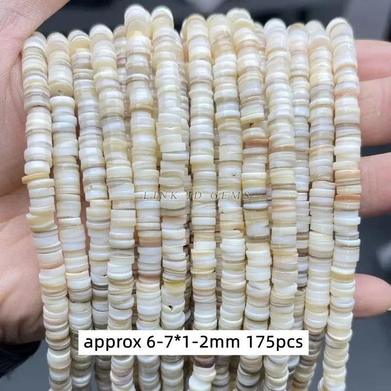 Natural shell beads on strands, disc-shaped cream-toned disks, 6–7mm, 175pcs, Simples Market