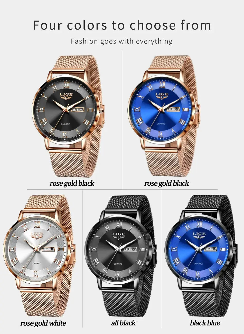 LIGE women's luxury quartz watches with rose-gold steel mesh bracelet, five color variants shown