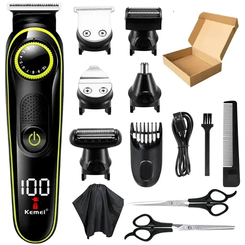 Kemei KM-696 hair clipper set for men with black body and yellow ring, 5-in-1 attachments, Simples Market