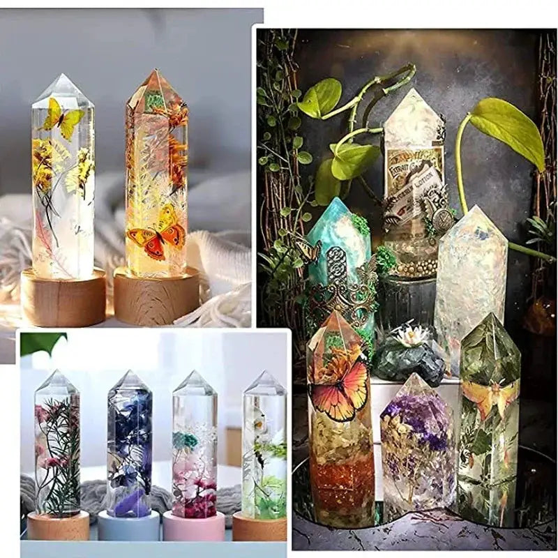 Crystal obelisk LED night light on round wooden base with clear prisms and butterfly inclusions