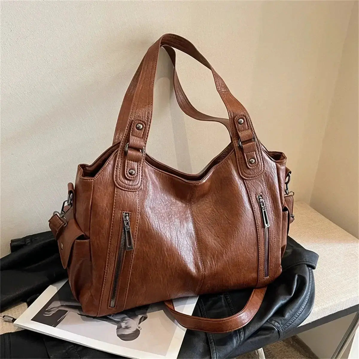 Simples Market women's brown PU leather shoulder bag with double handles and front zipper pockets