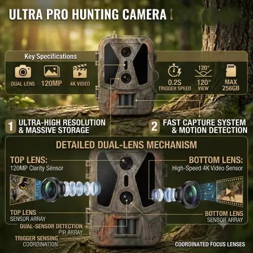4K dual-lens wildlife hunting camera in camo for outdoor surveillance