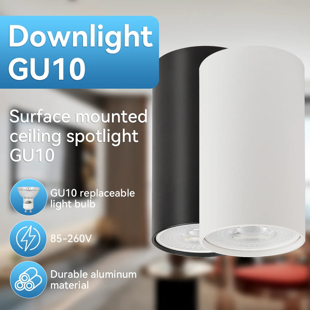GU10 surface-mounted downlight set by Simples Market, 2-pack; aluminum, white and black finishes.