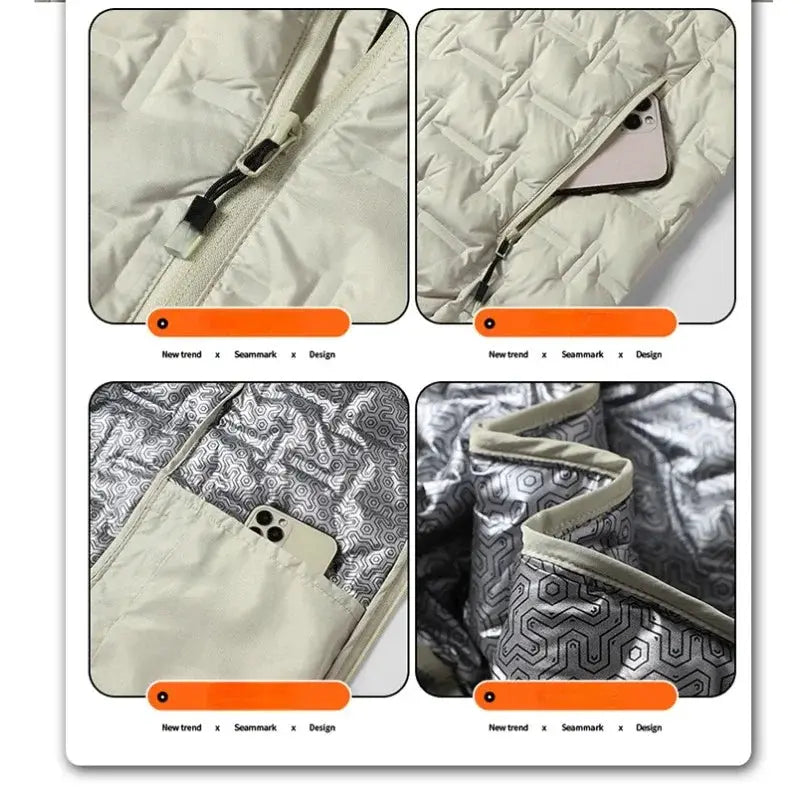 Winter white graphene self-heating hooded puffer jacket for men by Simples Market, quilted lining, phone pocket