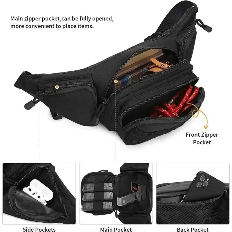 Tactical multi-function waist pack, black nylon fanny bag with front, main, and back pockets — Simples Market