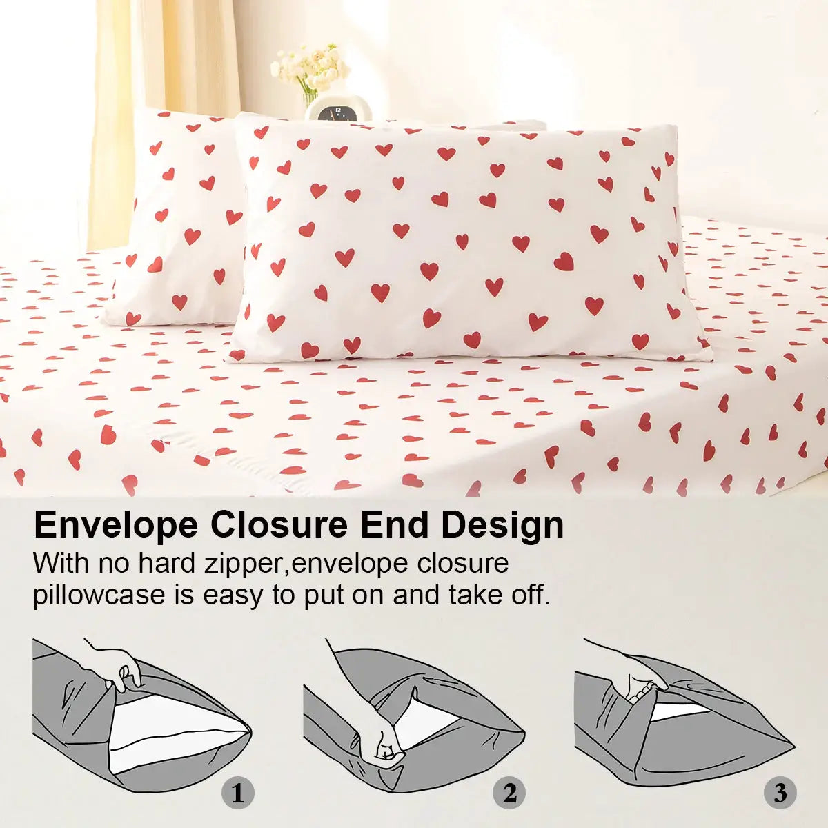 3pc Heart Printed Duvet Cover Set by Simples Market; white with red hearts, includes 1 duvet cover + 2 pillowcases
