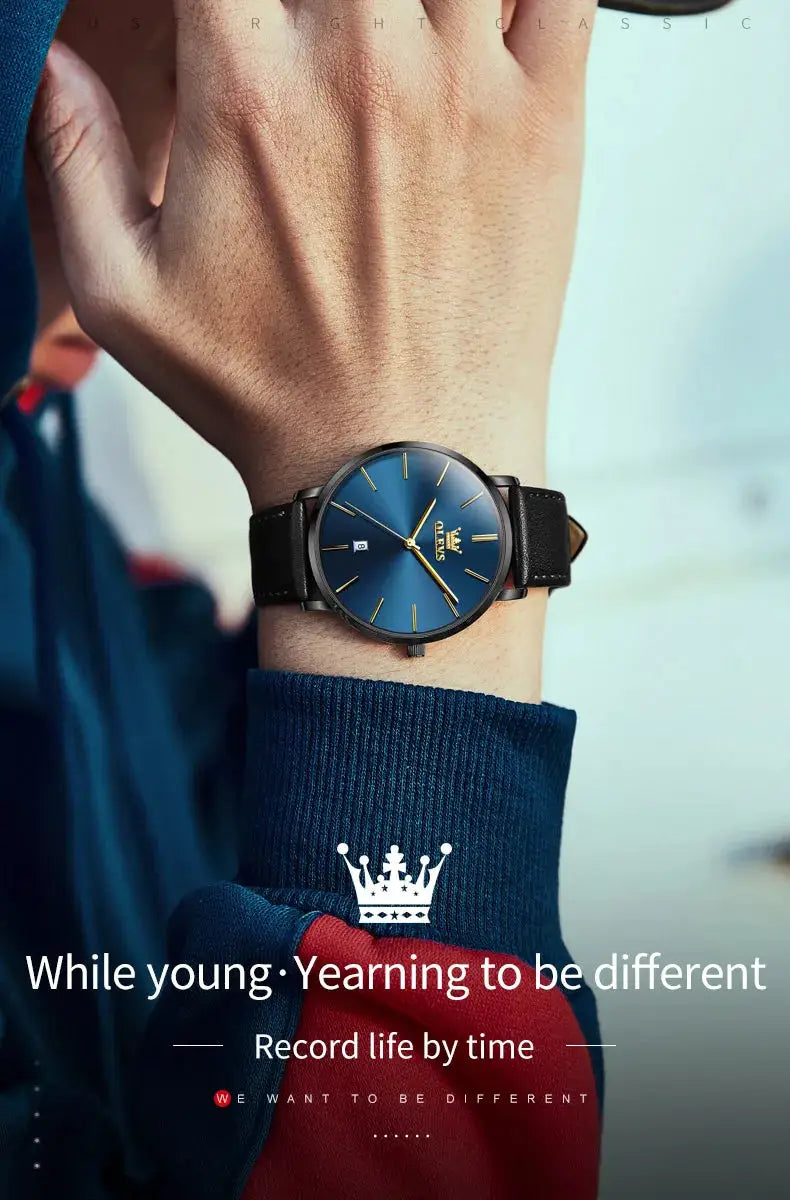 OLEVS men's watch with blue dial, black leather strap, and date window
