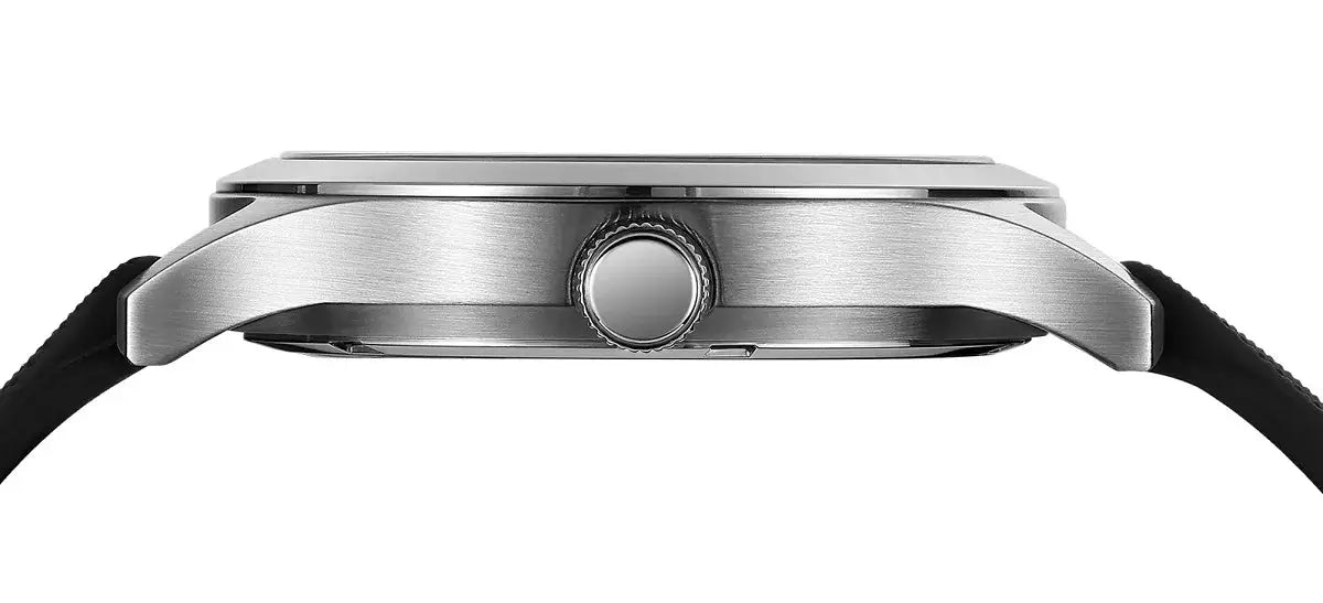 Men's wristwatch with stainless steel case and black silicone strap, side crown visible
