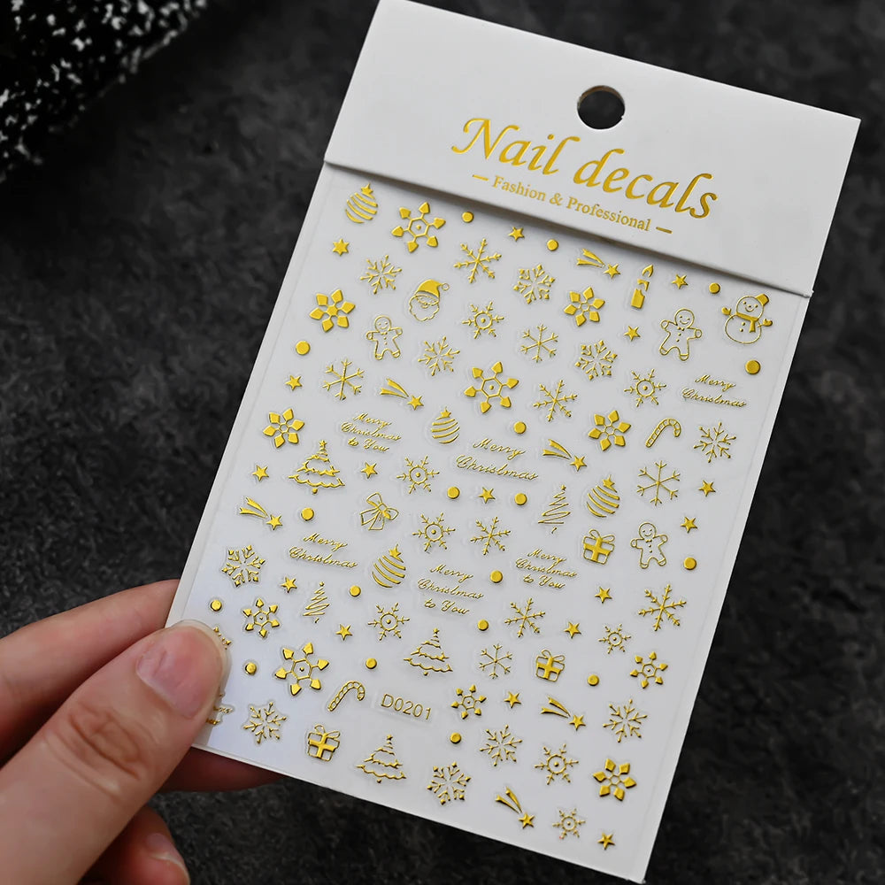Gold metallic nail decals sheet with winter Christmas motifs for self-adhesive nail art