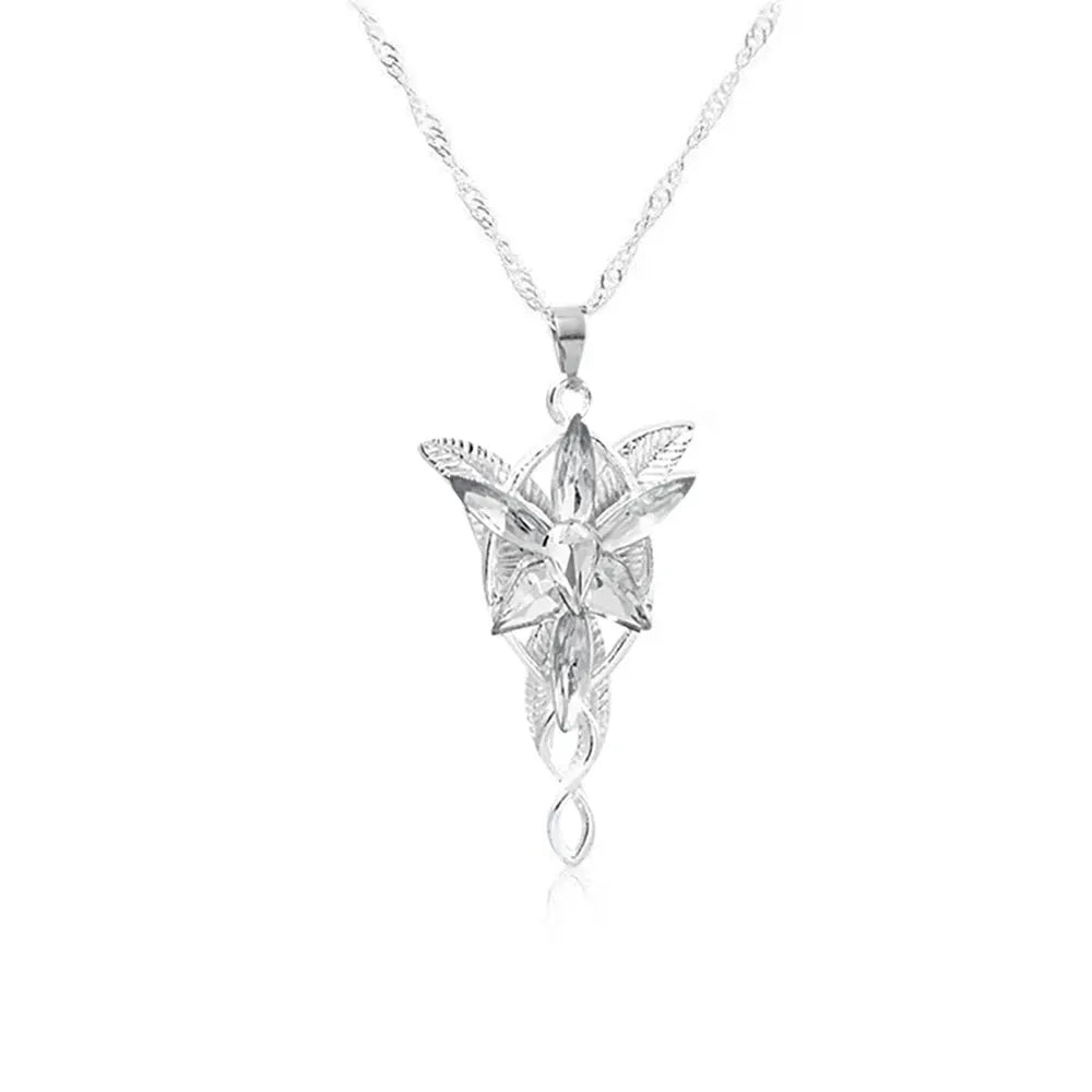 Arwen Evenstar crystal pendant necklace on silver chain with leaf/star design