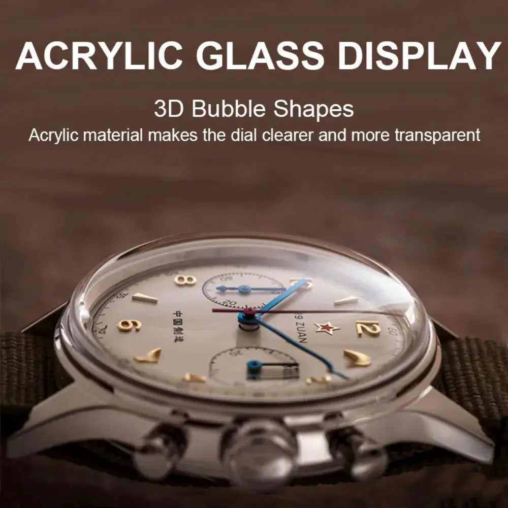 Red Star 38mm men's chronograph watch with acrylic glass, ST1901 Seagull movement, blue hands, silver case, strap